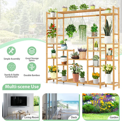 Bamboo Plant Stand, 9-Tier Flower Pots Rack with Hanging Rack, Slatted Shelves & Anti-Toppling Device