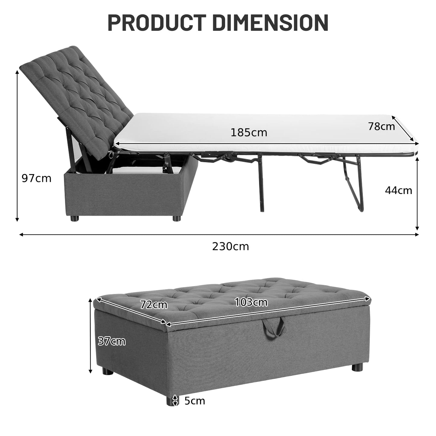 2-in-1 Folding Sofa Bed with Mattress, Convertible Lounge Sofa Ottoman