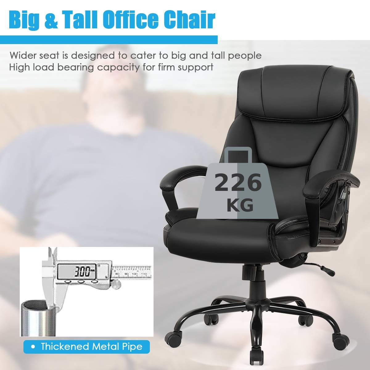 500LBS Big & Tall Massage Office Chair, Height Adjustable PU Leather Executive Computer Desk Chair with Rocking Backrest and Arms