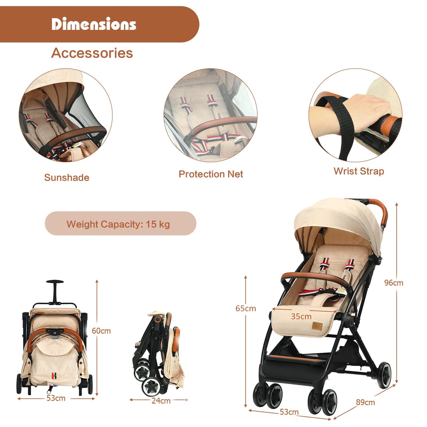 Lightweight Baby Stroller, One-Hand Foldable Infant Pushchair with 5-Point Harness