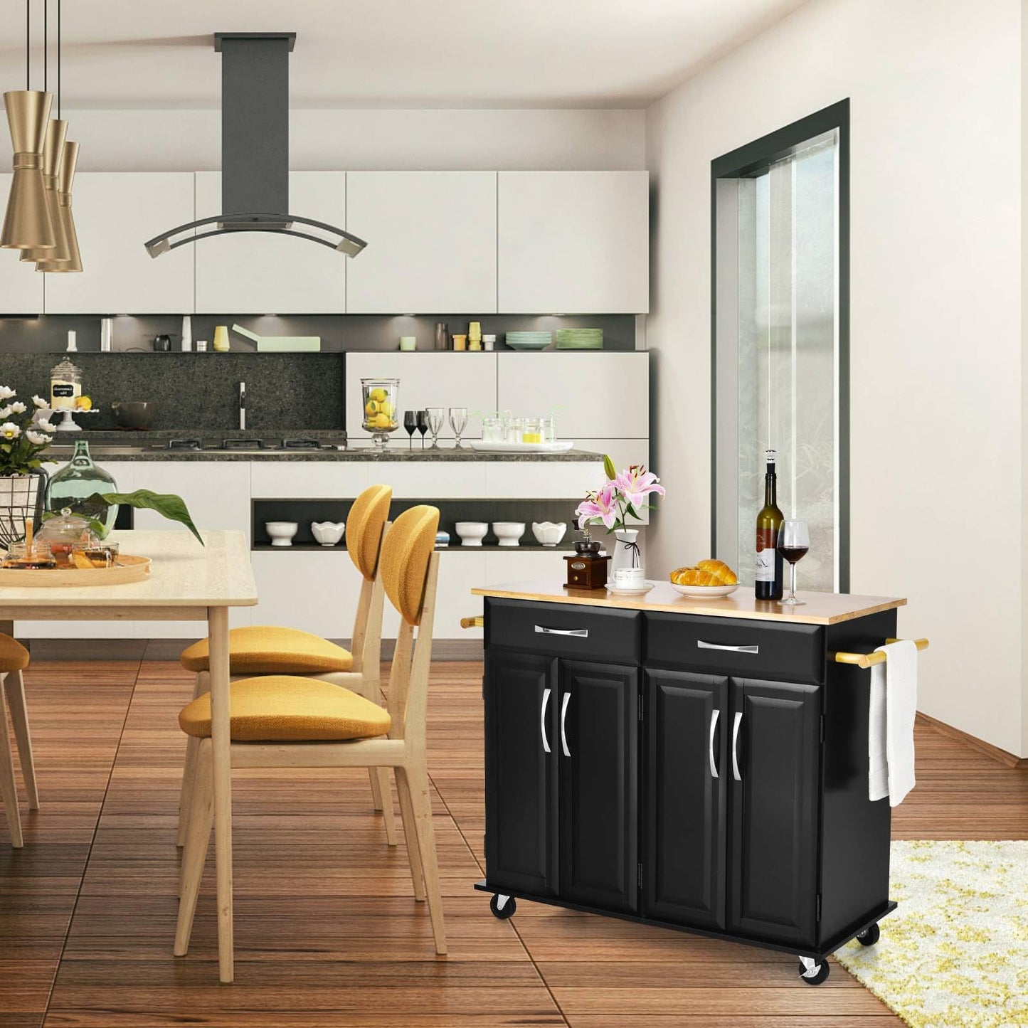 GiantexUK Kitchen Island on Wheels, Rolling Storage Serving Trolley with Rubber Wood Countertop