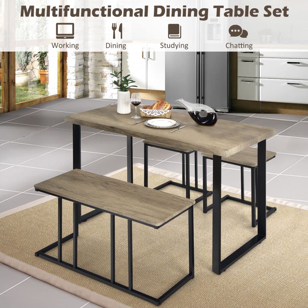 GiantexUK 4PCS Dining Set, Wooden Table with 2 Stools and Bench