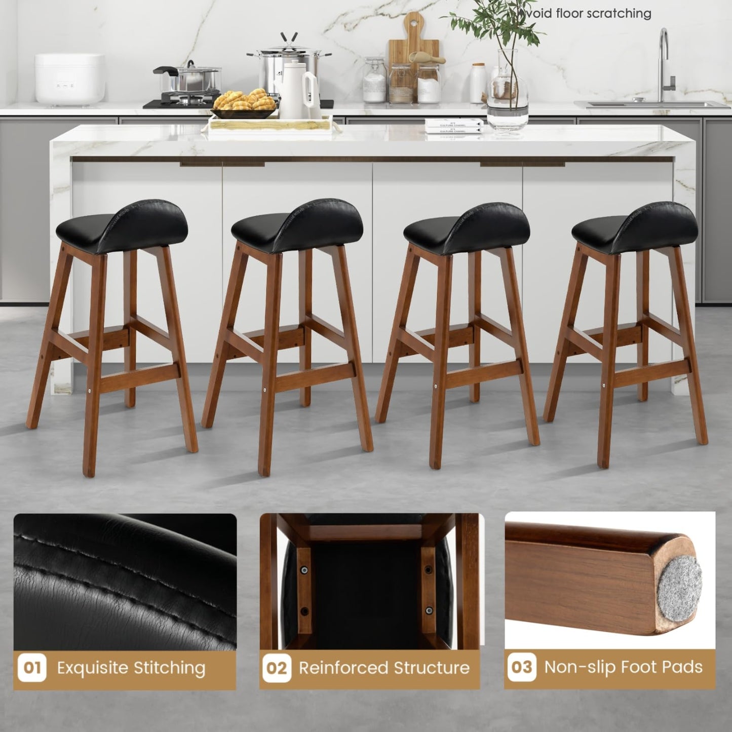 GiantexUK Set of 2 Bar Stools, PU Leather Stool Set with Padded Back, Rubber Wood Legs & Footrest