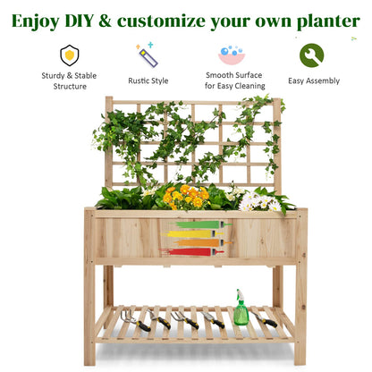 GiantexUK Raised Garden Bed with Trellis, Wood Elevated Planter Box with Liner for Vegetables Herbs Vines Flowers(119x58x159cm, without Wheels)