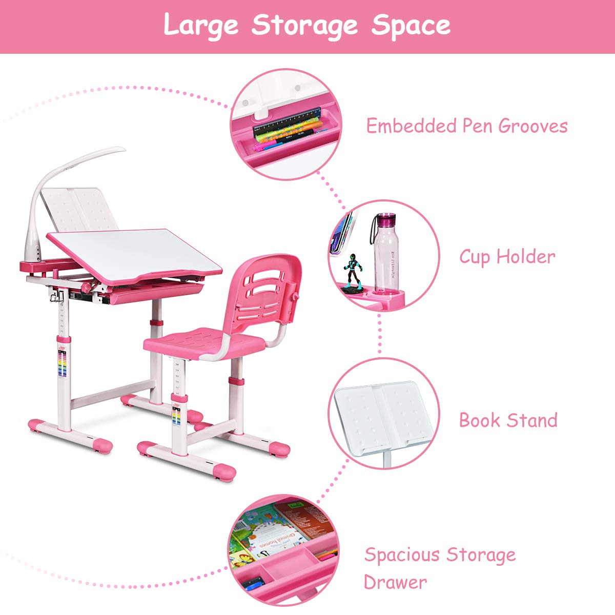 Kids Study Desk and Chair Set, Adjustable Children's Table with Eye-protection Lamp, Bookstand