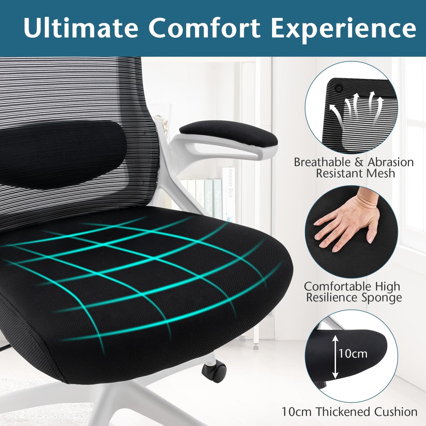 Mesh Office Chair, Rocking Swivel Computer Desk Chair with Adjustable Headrest for Home Office