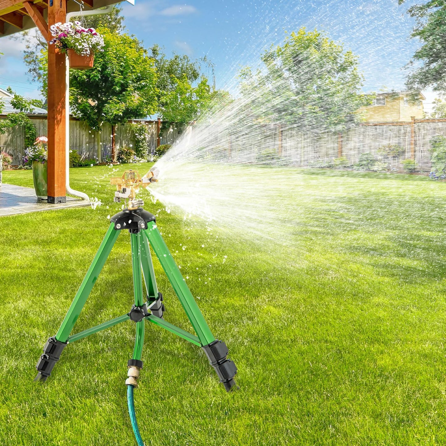 Rotating Tripod Sprinkler, 360°Automatic Rotation Irrigation Water Sprinklers with 11-13.6m Coverage Area & Brass Head