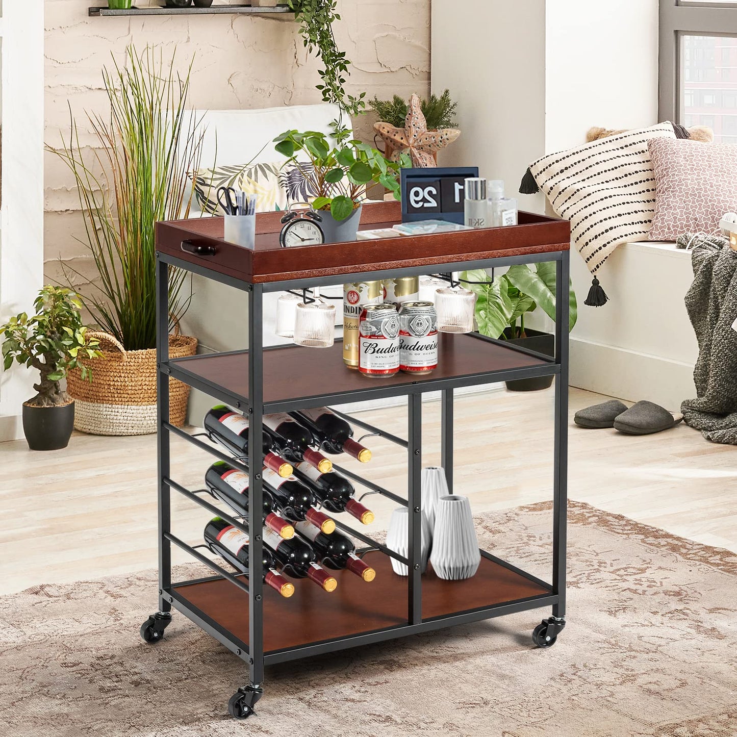 GiantexUK Kitchen Serving Cart, 3 Tier Rolling Cart Trolley with Wine Rack and Handle (3 Tiers Wine Rack, 71 x 45 x 93cm)