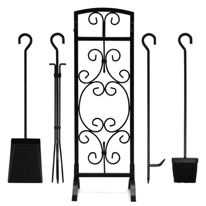 GiantexUK 30"/76cm 5-Piece Fireplace Companion Set, Wrought Iron Fire Place Tools Set with Stand, Tong, Shovel, Brush & Poker