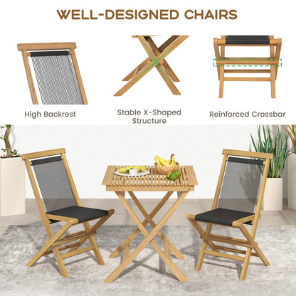 GiantexUK Patio Chairs Set of 2, Folding Teak Wood Garden Dining Chairs with Woven Rope Back & Sea(X-Shaped Structure, 46 x 62 x 89cm)