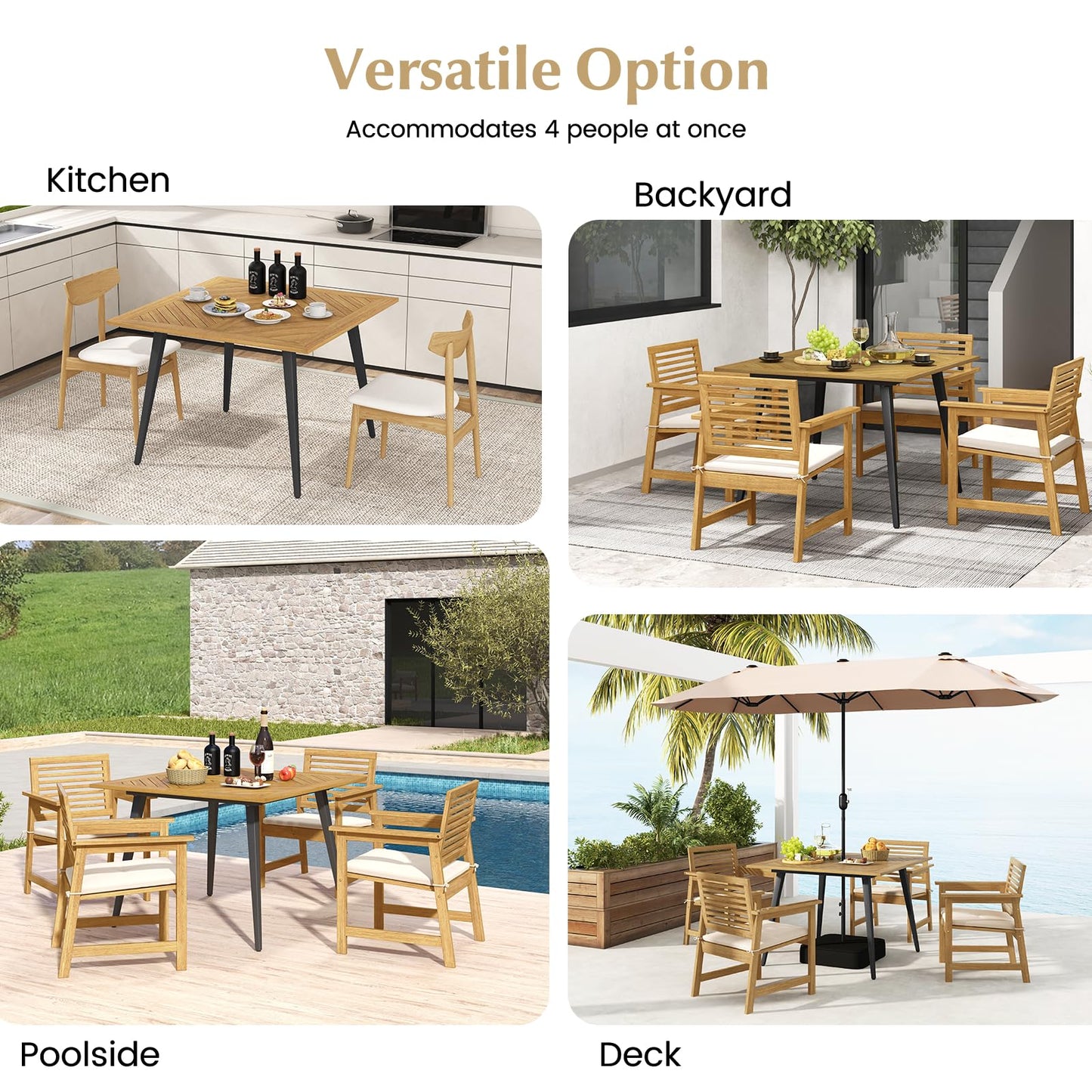 GiantexUK Outdoor Dining Table for 4, 107 x 107cm Acacia Wood Garden Table with Metal Legs