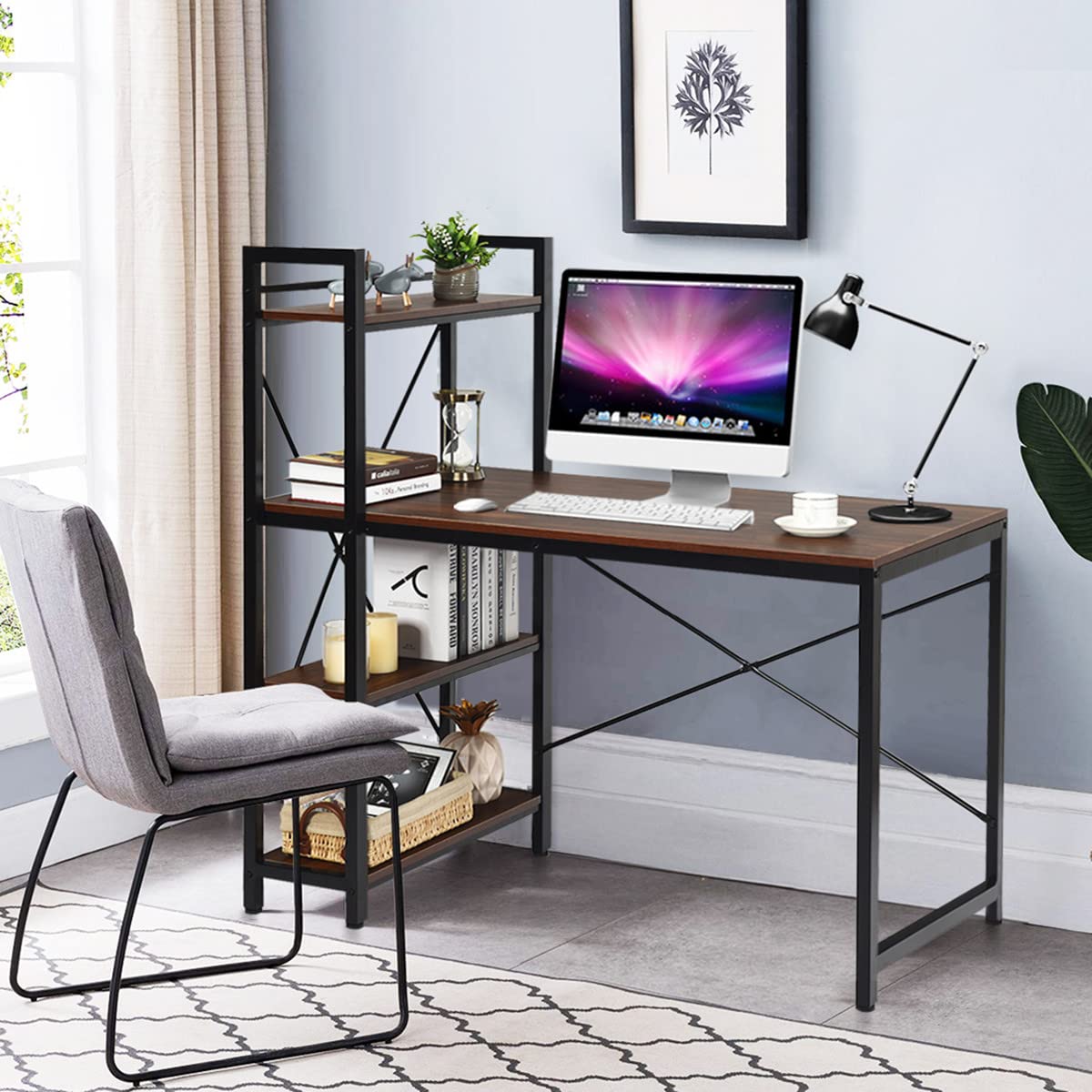 Computer Desk, Steel Frame Wooden Writing Workstation PC Laptop Table with 4-Tier DIY Storage Shelves