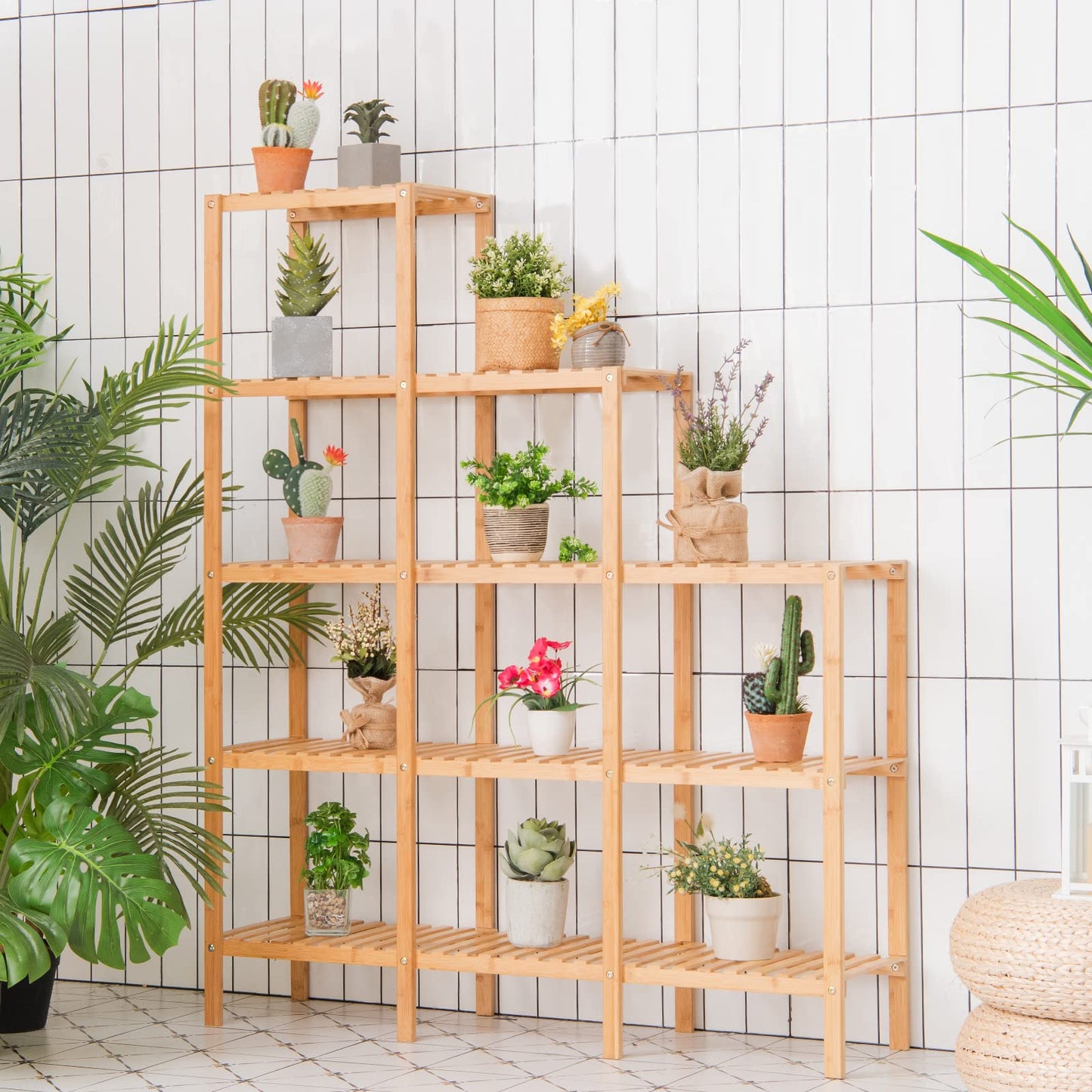 Bamboo Plant Stand, 5 Tiers Flower Shelf Rack, Indoor Outdoor Bonsai Holder Display Storage Organizer (114 x 31 x 141cm)