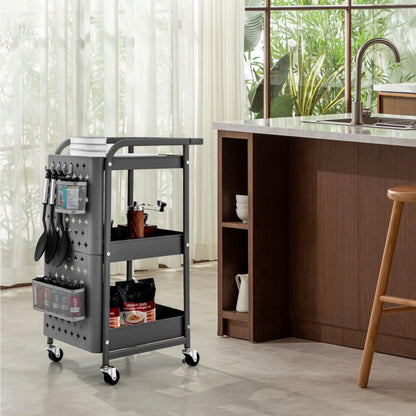 GiantexUK 3-Tier Storage Cart on Wheels, Metal Serving Trolley with Pegboards, Handle, Storage Basket & Removable Hooks