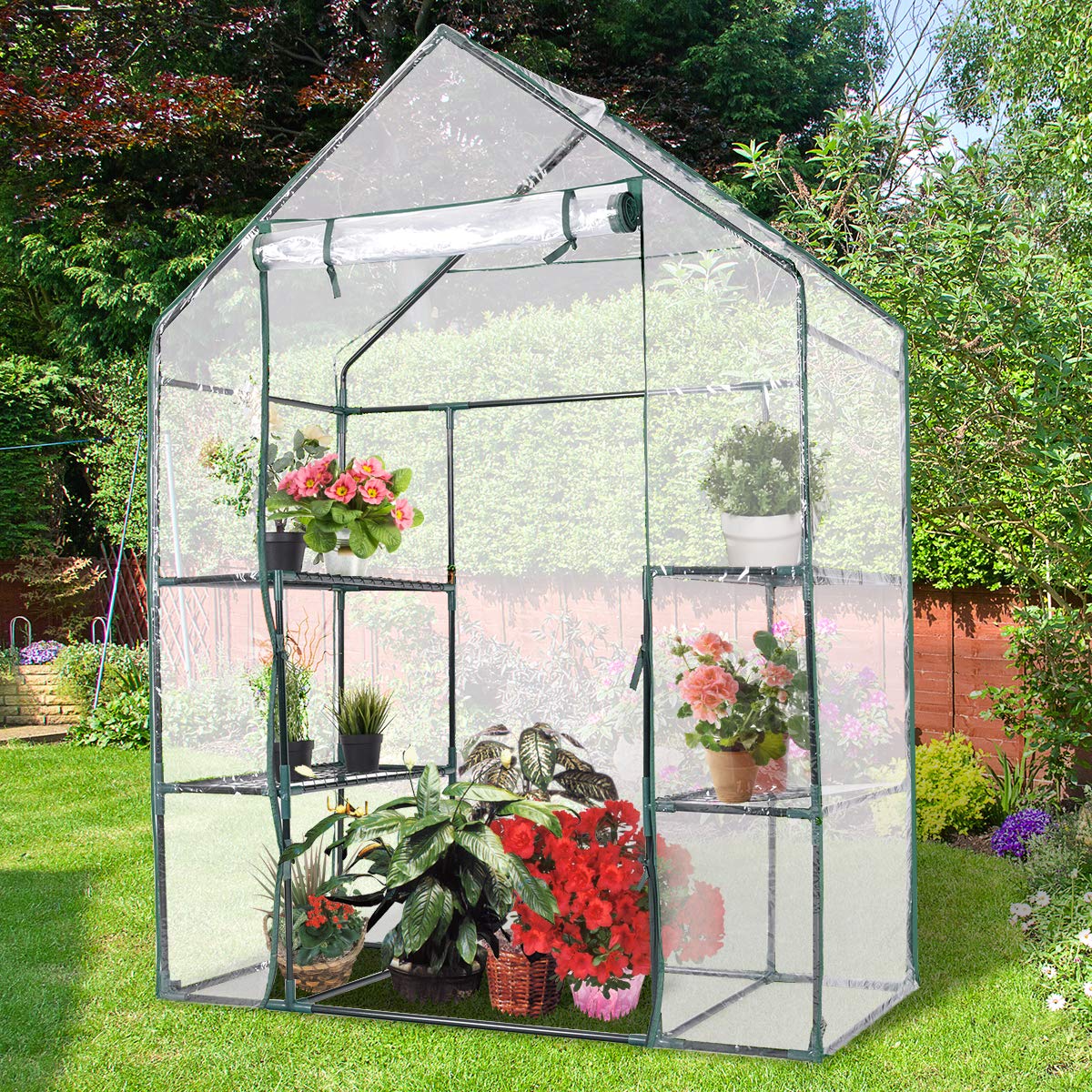 GiantexUK Walk In Greenhouse, 3 Tier Grow House with 4 Mesh Shelves, PVC Cover & Zippered Roll up Door