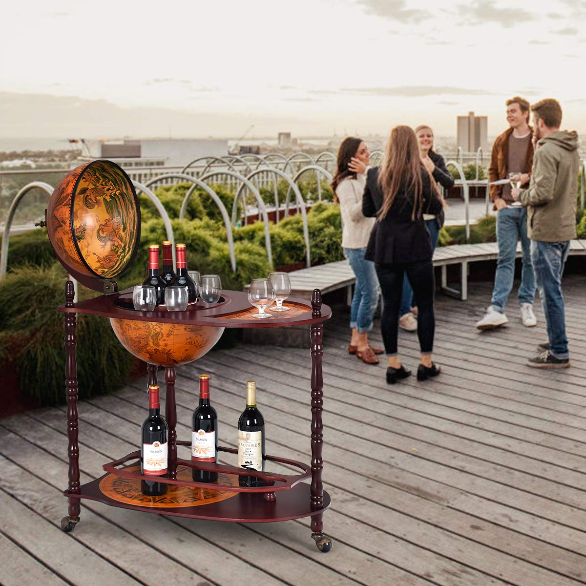 GiantexUK Globe Drinks Cabinet, Unique Eucalyptus Wooden Mini Bar Cart with Open Shelves