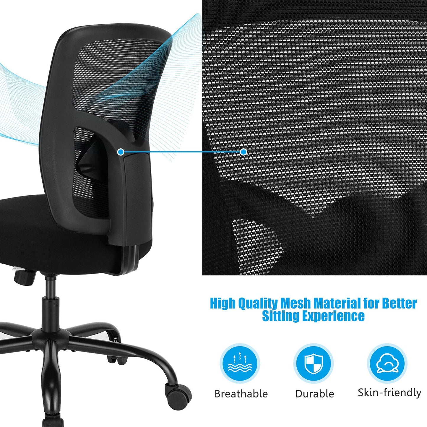 400LBS Big and Tall Mesh Office Chair, Height Adjustable Computer Desk Chair with Rocking Backrest