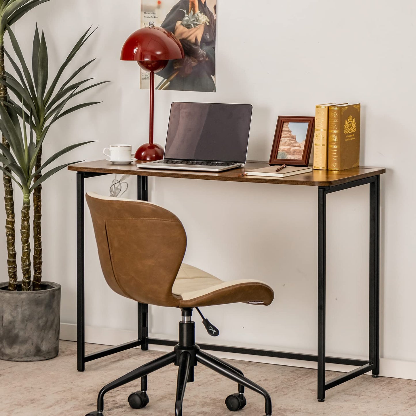 Folding Computer Desk, Simple PC Laptop Table Writing Workstation (Rustic Brown+Black, 100 x 50 x 72cm)