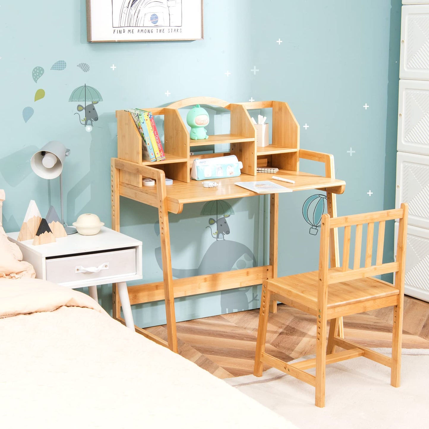 Bamboo Kids Desk and Chair Set, Height Adjustable Children Study Table and Chair with Bookshelves