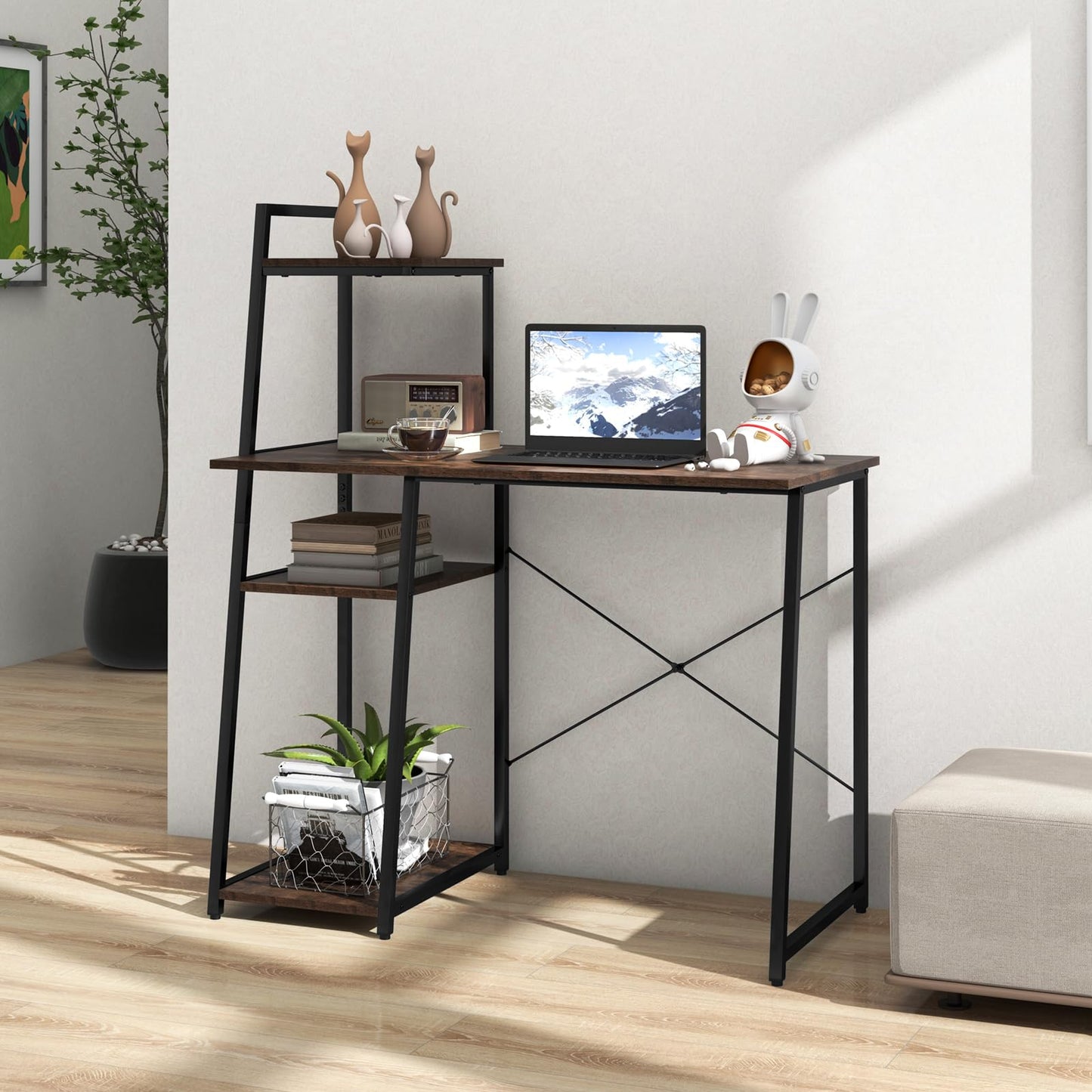 Wooden Computer Desk, 4 Tier Shelves Laptop Table with Foot Pads, Steel Frame Wide Desktop