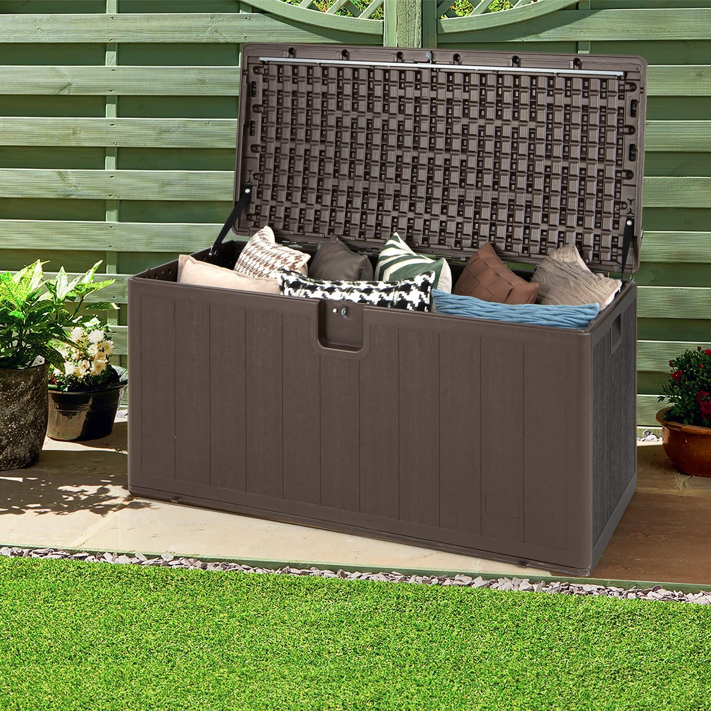 GiantexUK 400L Garden Storage Box, Lockable Weatherproof Deck Box with Linked Strap and Side Recessed Handles