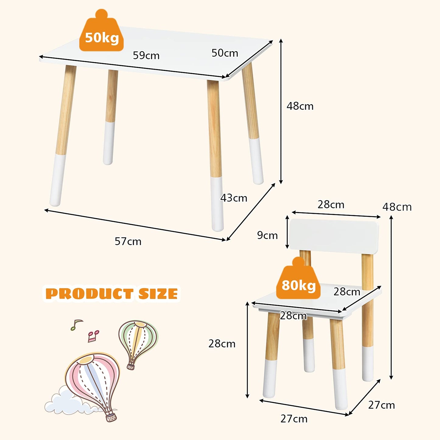 Kids Table and 2 Chairs, Wooden Children Table Chair Set with Non-slip Foot Pads