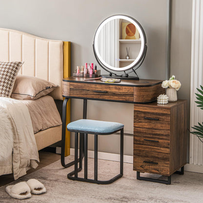 Dressing Table and Stool Set with 3-Color LED Lights Swivel Mirror, Charging Station