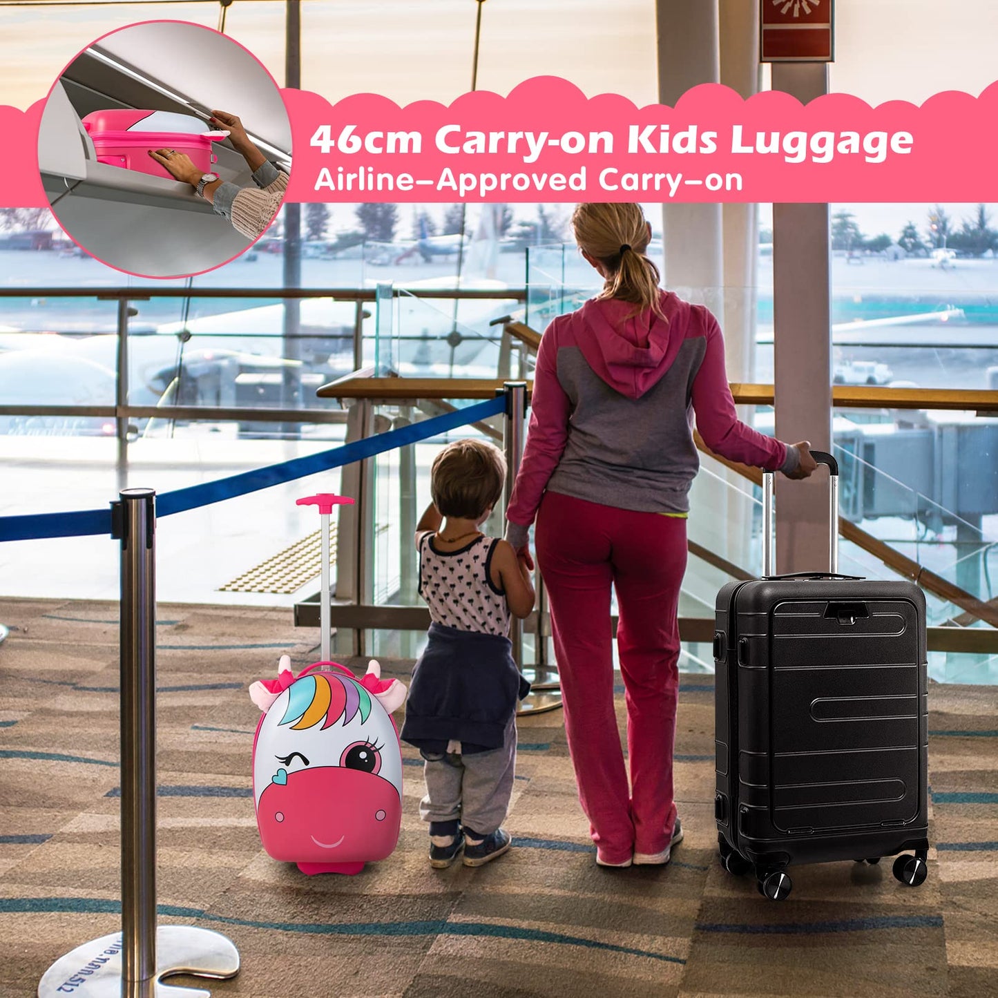 Kids Luggage, 16'' Children Cabin Suitcase with Light-up Wheels and Telescopic Handle (Pink Horse)