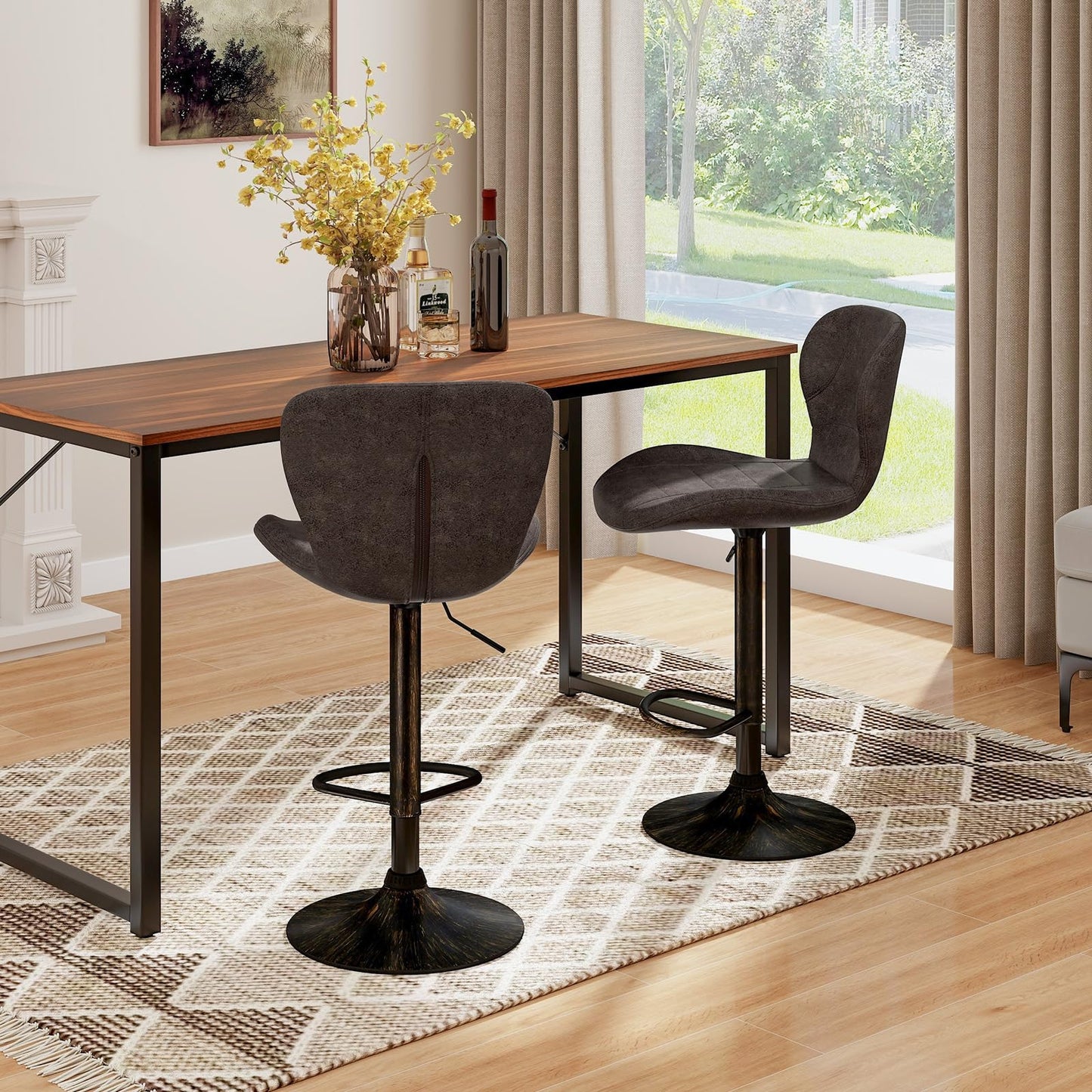 Bar Stools Set of 2, Adjustable Height 360° Rotatable Counter Dining Chair (Dark Brown, 56 x 47 x 113cm)