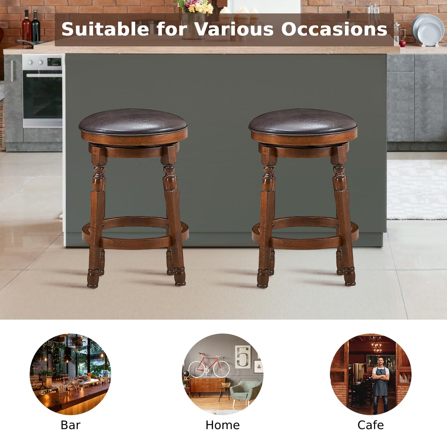 GiantexUK Bar Stools Set of 2, Swivel Upholstered PU Leather Barstools with Footrest