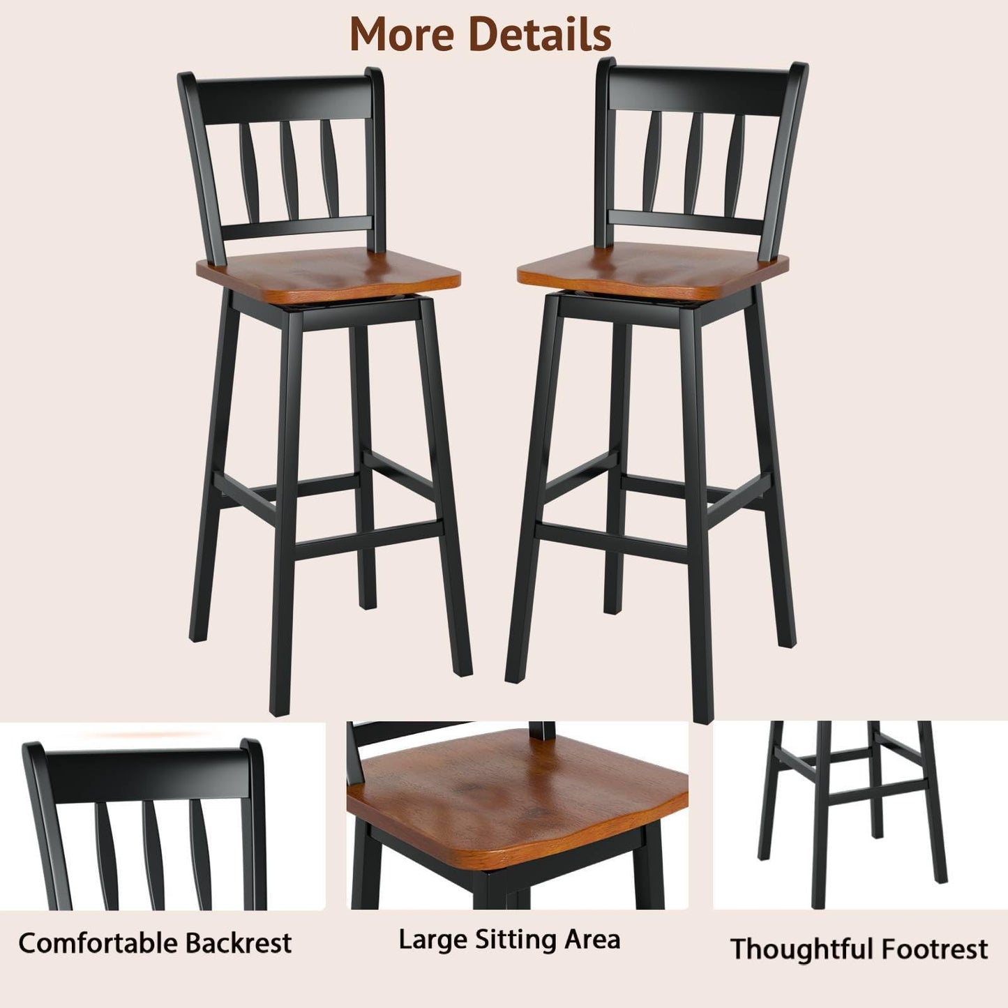 GiantexUK Bar Stools Set of 2, Rubber Wood Swivel Barstools with Back & Footrest