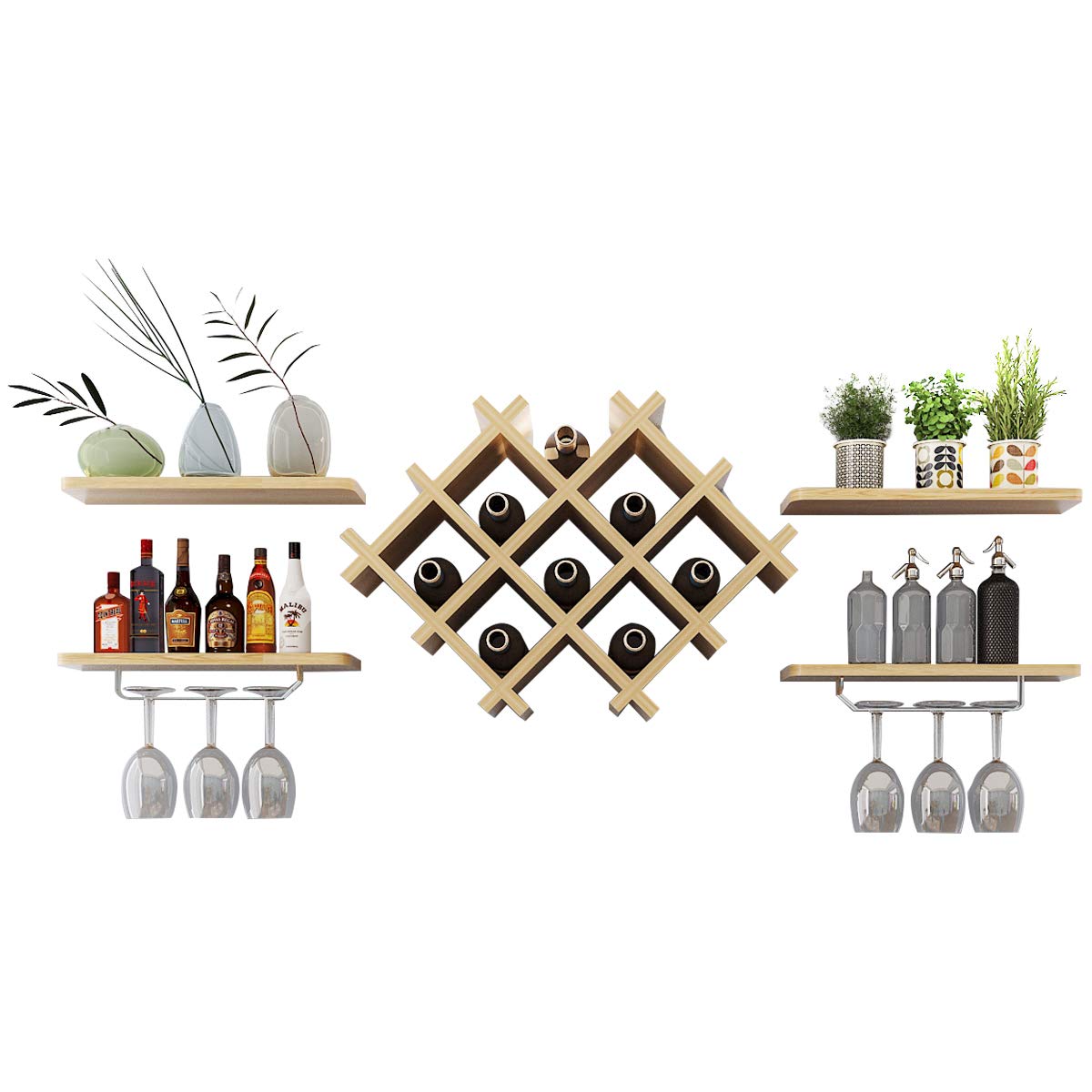 GiantexUK Wall Mounted Wine Rack, Champagne Glass Holder with 4 Shelves