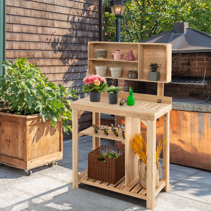 GiantexUK Garden Potting Table, Fir Wood Potting Bench with Multiple Storage Shelves