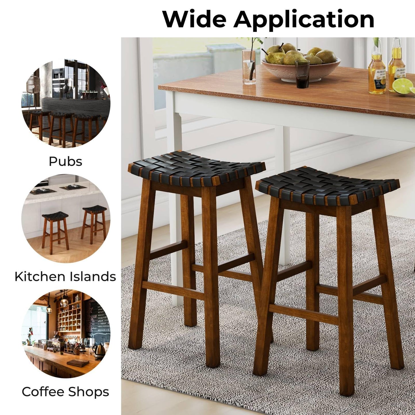 GiantexUK Saddle Stools Set of 2/4, PU Leather Woven Kitchen Counter Height Stools with Curved Seat (46x37x78cm)