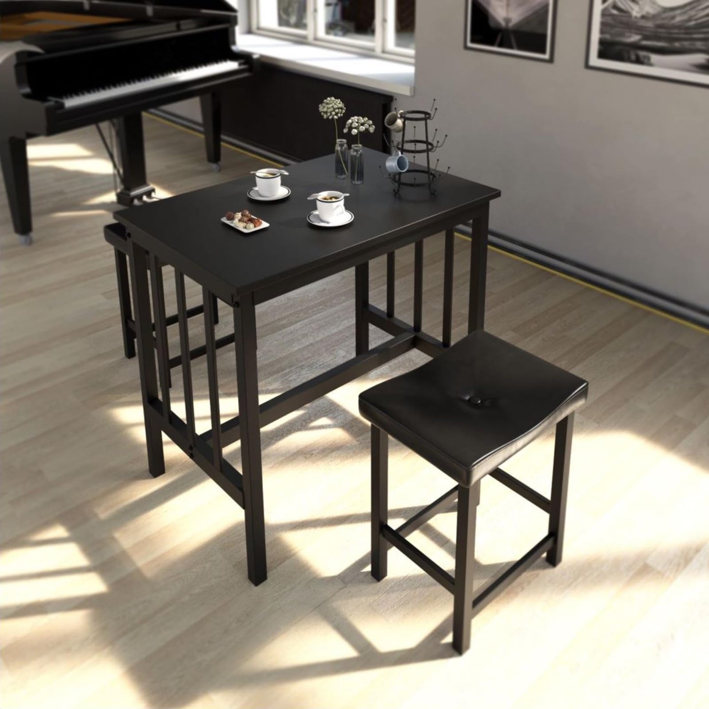 GiantexUK 3PCS Dining Table and Stools Set, Metal Frame Kitchen Table Set with Upholstered PU Leather Seat & Footrest