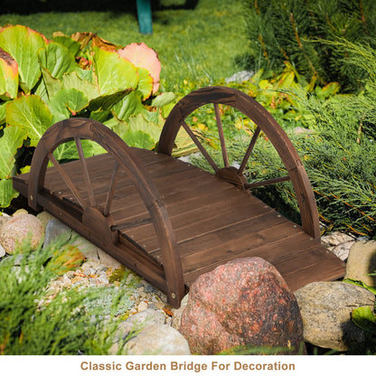 GiantexUK Wooden Garden Bridge, Decorative Arc Footbridge with Half Wheeled Railings, Outdoor Bridge Walkway for Ponds Streams Borders