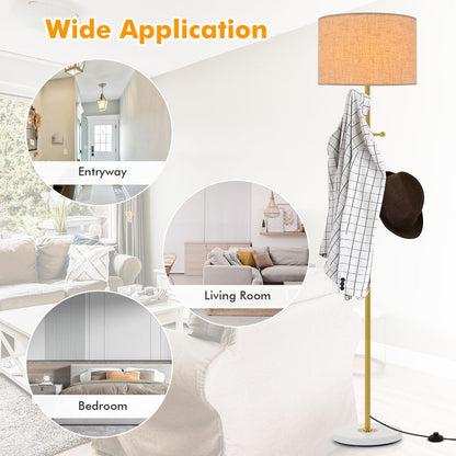 GiantexUK Floor Lamp with Coat Rack, Multi-Purpose Standing Lamp with Linen Fabric Lampshade, 5 Hooks, E27 Socket, Foot Switch & Large Base