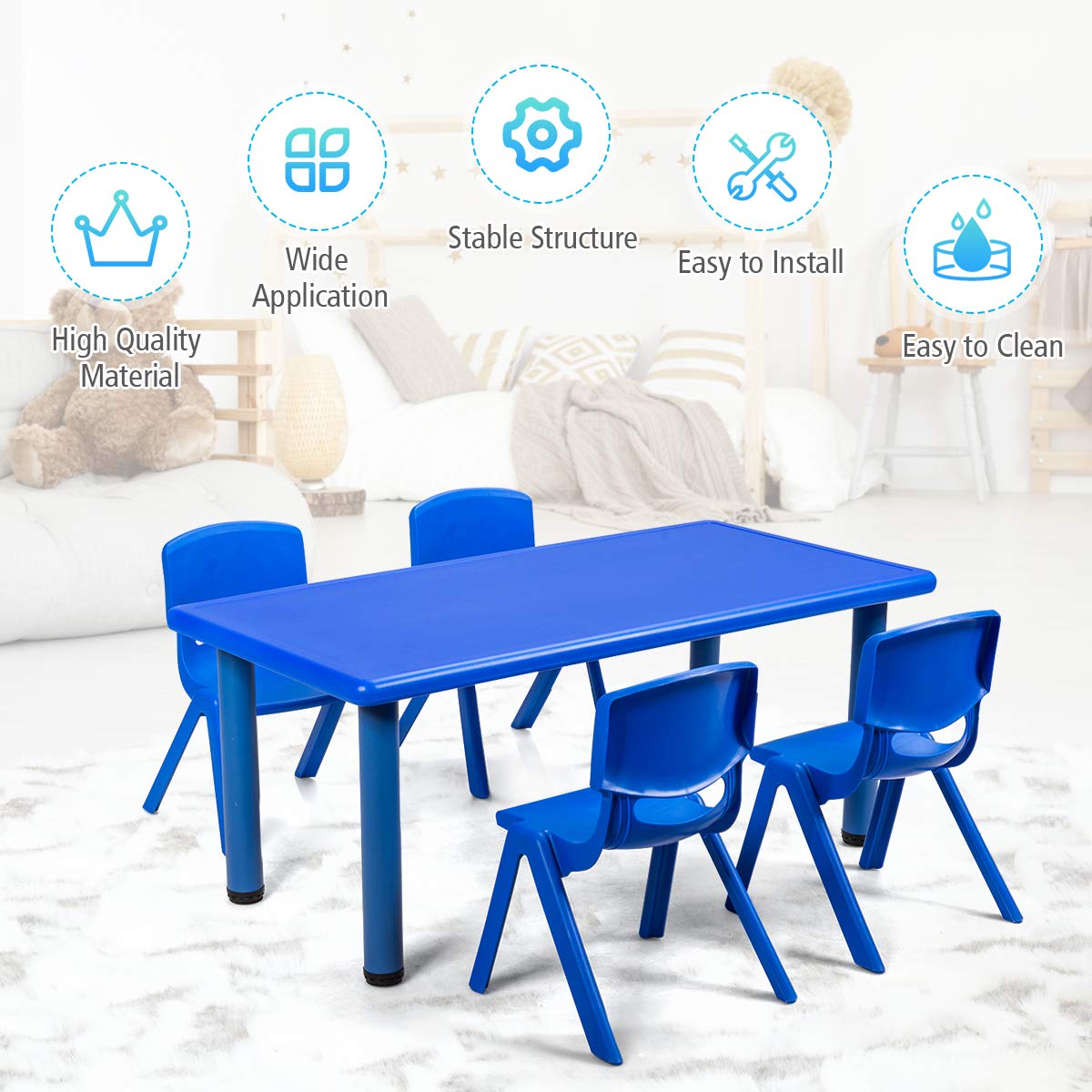 Kids Table, Waterproof Rectangular Children Study Desk with Anti-slip Foot Mats (Blue)