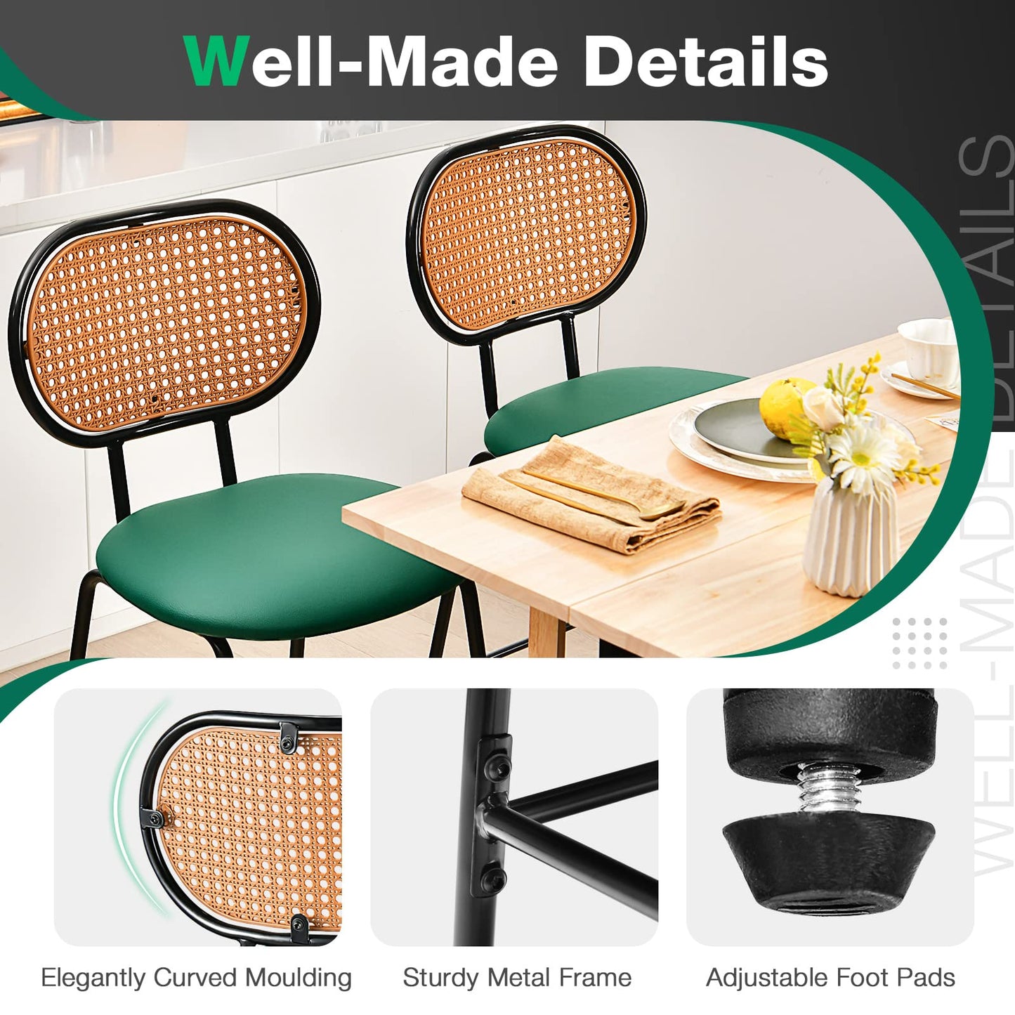 Bar Stools Set of 2, PU Leather Upholstered Bar Chairs with Imitation Rattan Backrest & Footrest