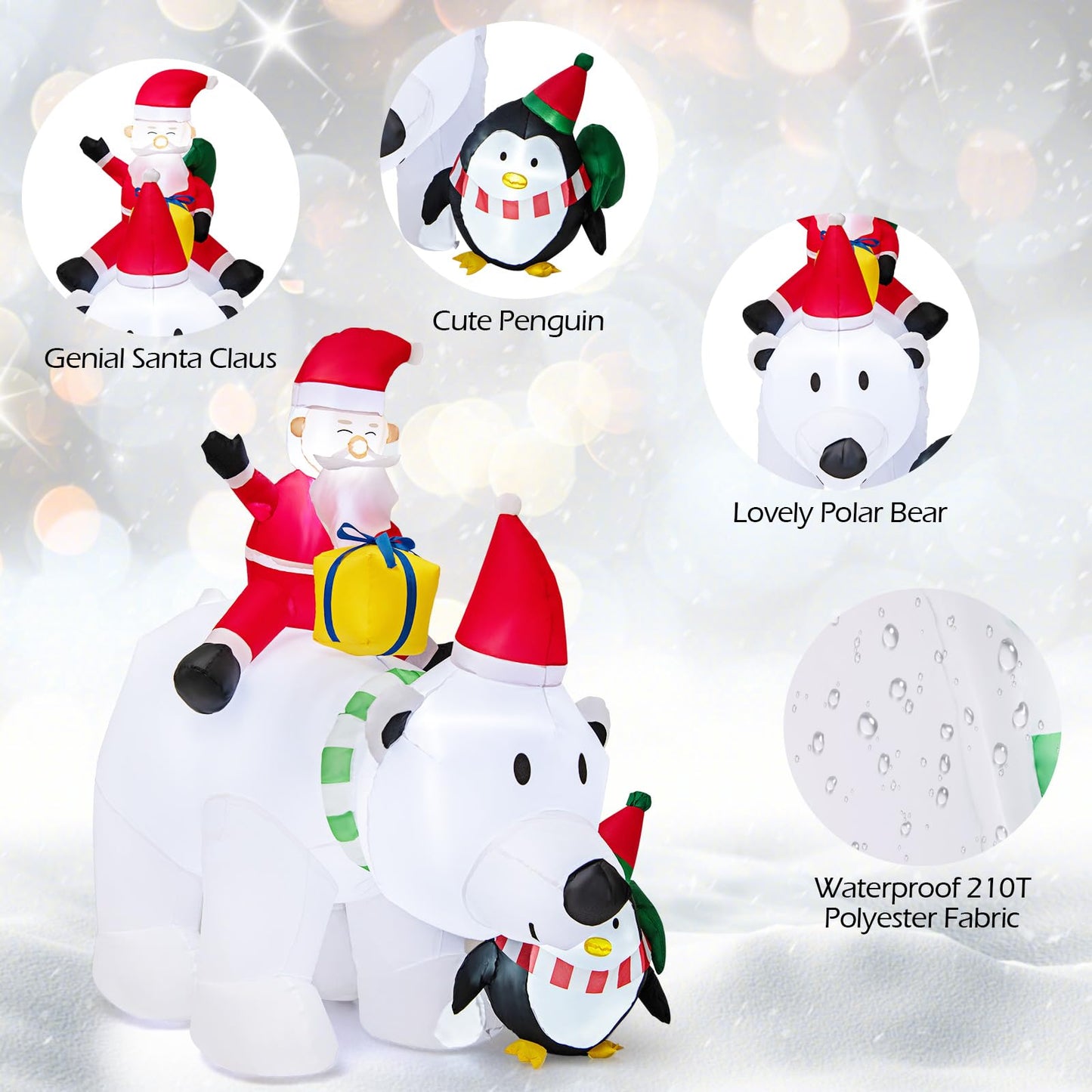 Inflatable Christmas Santa Claus, Self Inflating Xmas Decoration with LED Lights and Blower (White Polar Bear & Penguin)