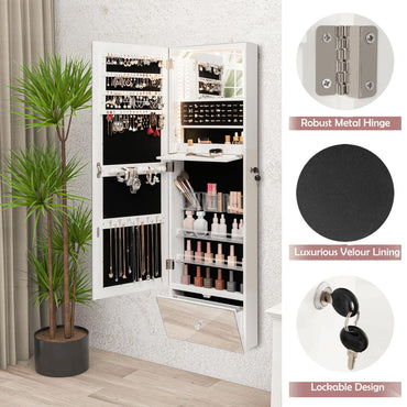 3-in-1 LED Jewellery Cabinet, Wall Mounted Lockable Jewelry Armoire with 3-Color LED Lights