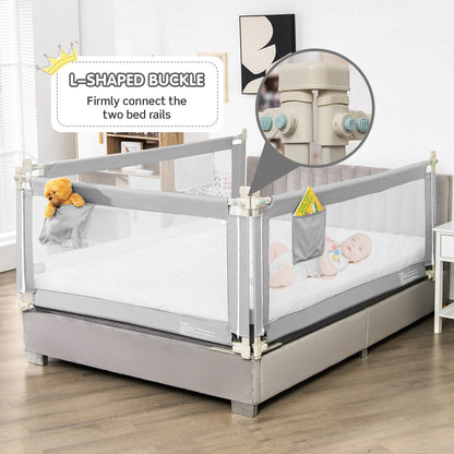 Bed Rail, Height Adjustable Toddler Protection Guard with Storage Pocket and Double Safety Lock (Grey, 175cm)