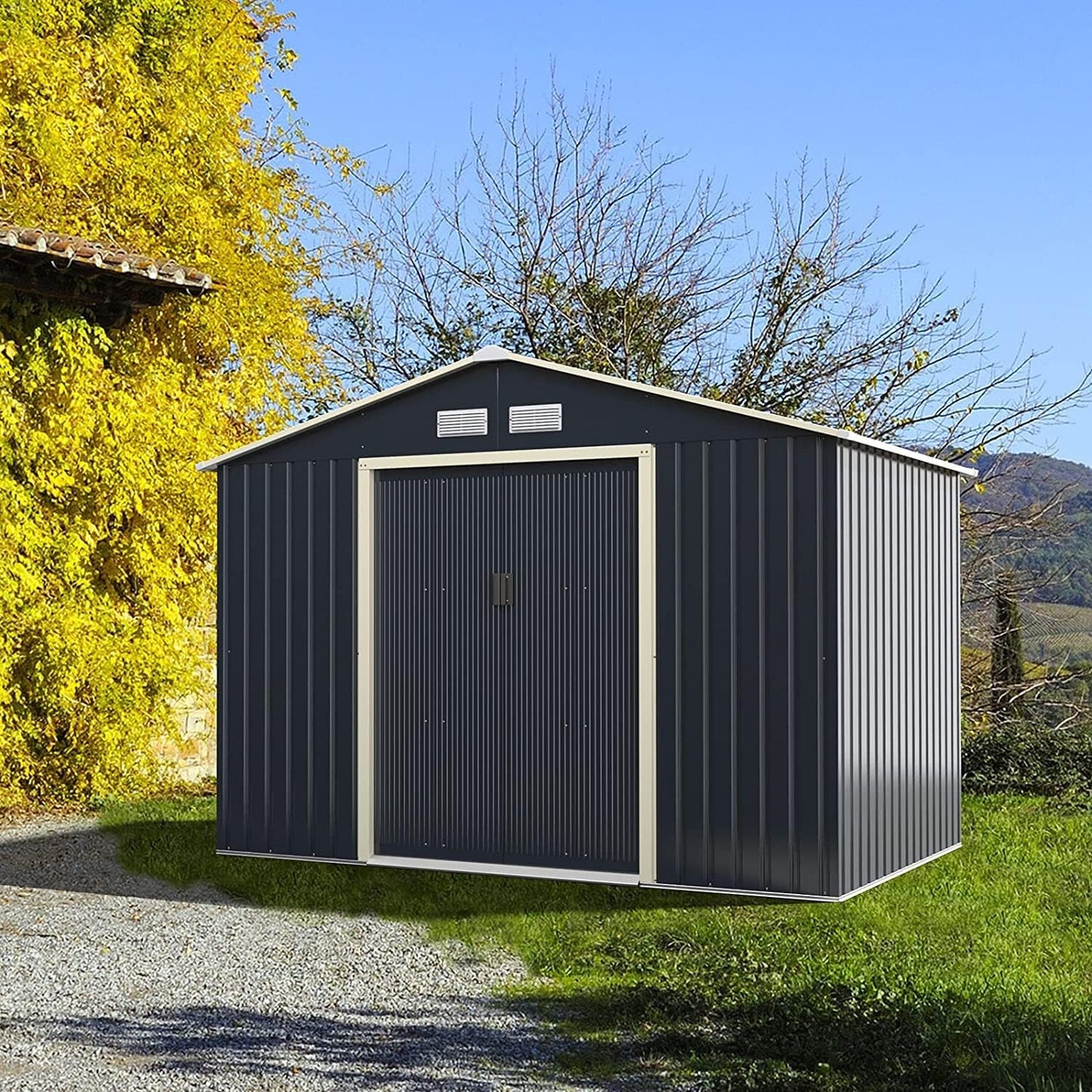 GiantexUK 9x6FT Metal Garden Shed, Slope Roof Utility Shed Building