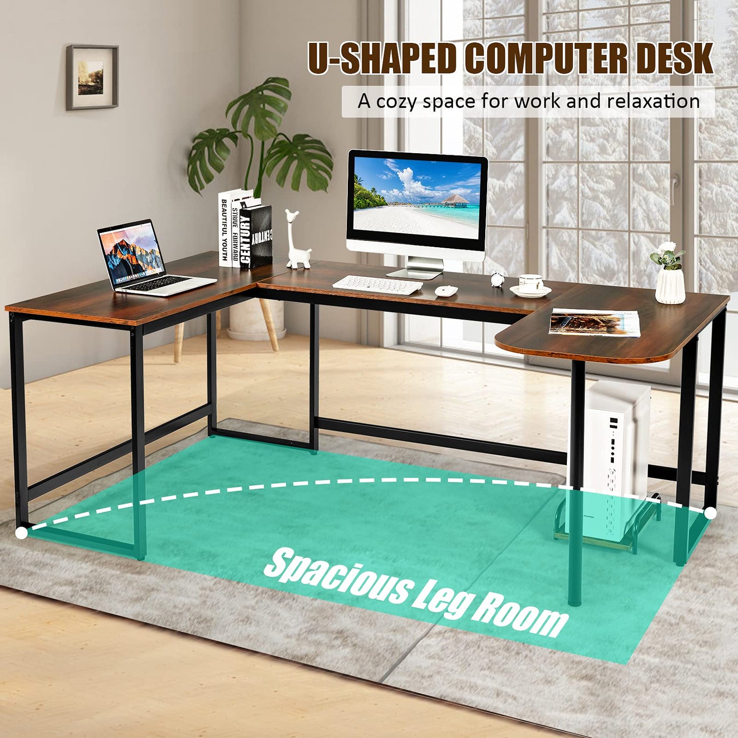 Industrial Computer Desk, U-Shaped Large Desktop Workstation PC Laptop Table