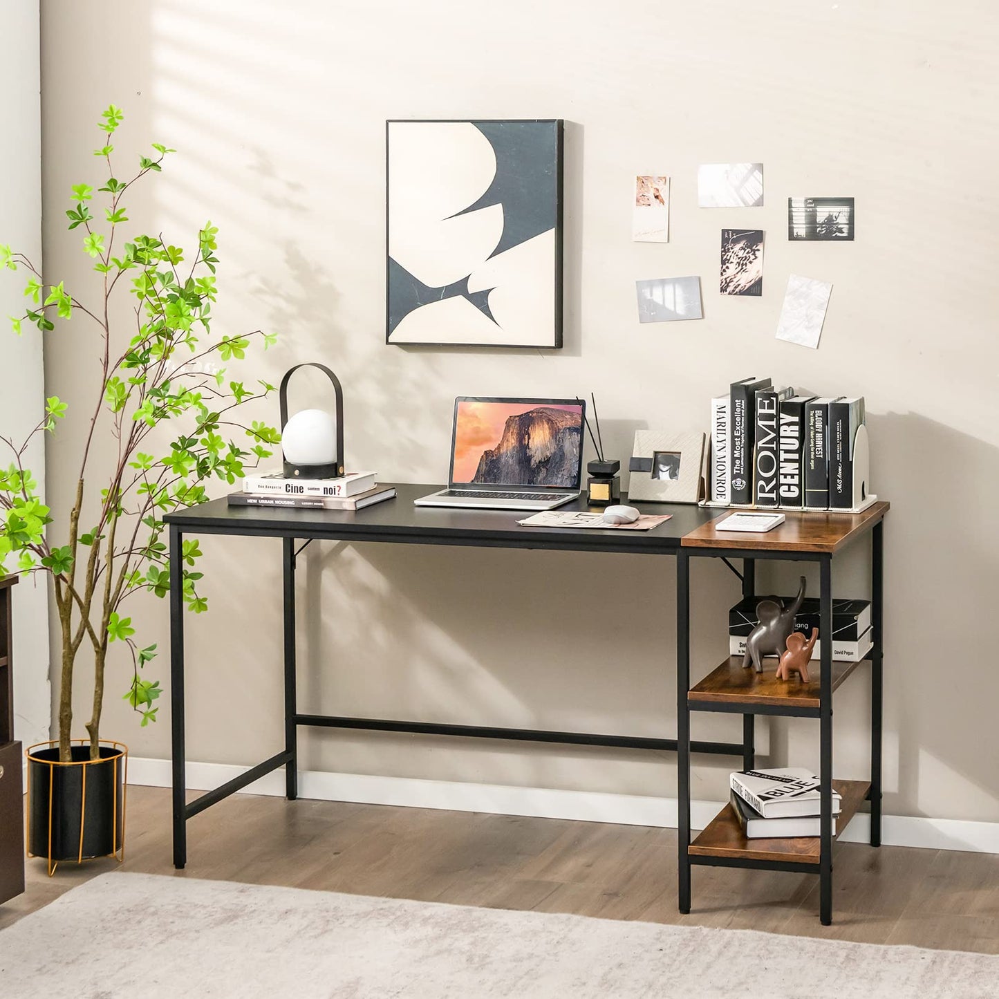 Computer Desk, 140x60x74cm Industrial Study Table Writing Workstation with Storage Shelf