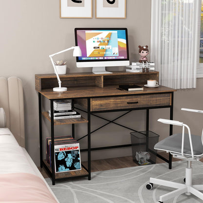 120cm Computer Desk, Industrial Laptop Writing Desk with Monitor Stand, Drawers & Storage Shelves