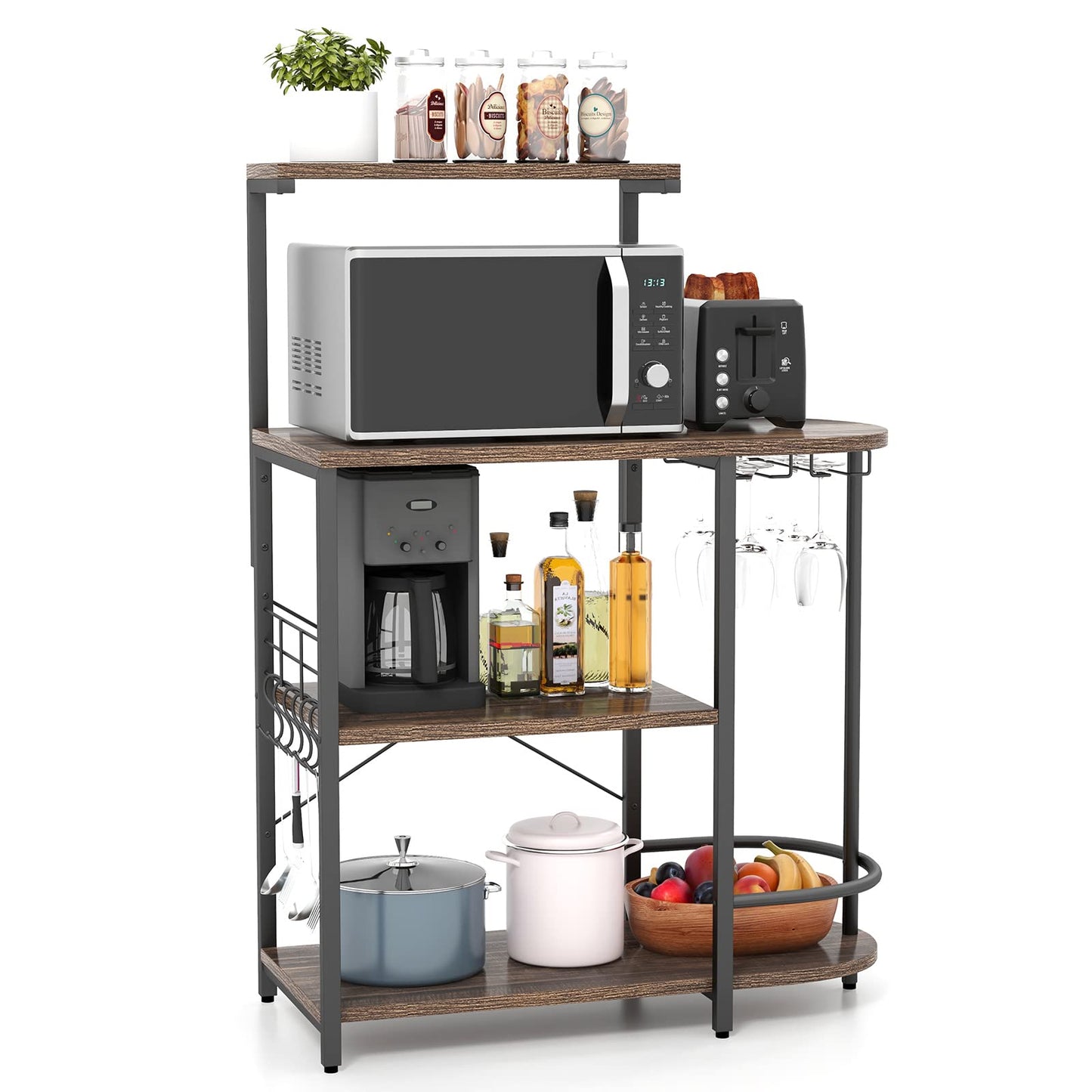 GiantexUK 4-Tier Kitchen Baker's Rack, Industrial Microwave Stand with 6 Removable Hooks & Glass Holders