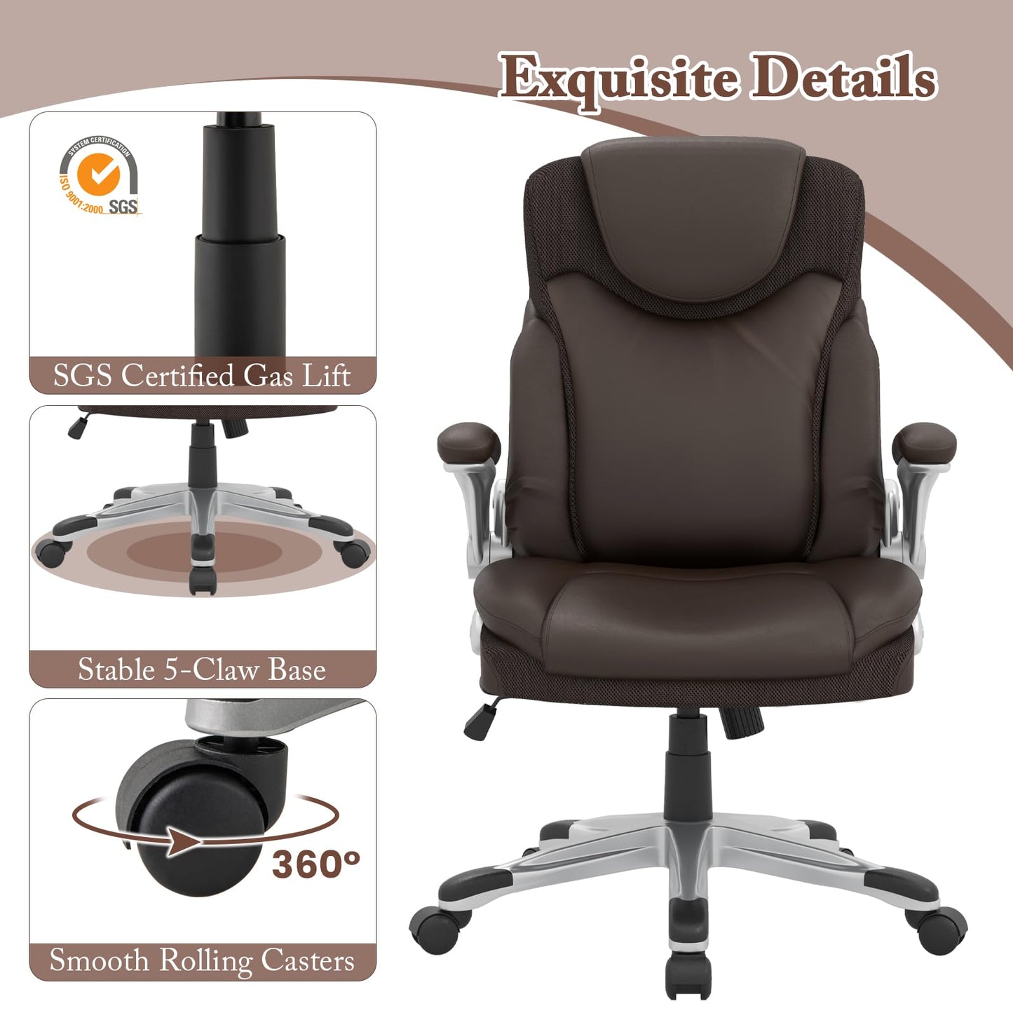 350LBS Executive Office Chair, Height Adjustable PU Leather Computer Desk Chair with Rocking Backrest and Arms, 72 x 72 x 118 cm