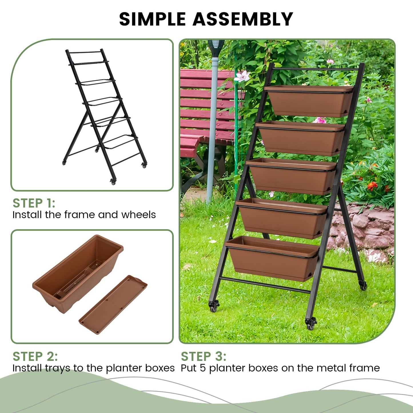 GiantexUK Raised Garden Bed, 5 Tier Vertical Ladder Planter with 5 Removable Trays, Wheels & Drain Holes (with Wheels, Brown, 57 x 74 x 127cm)