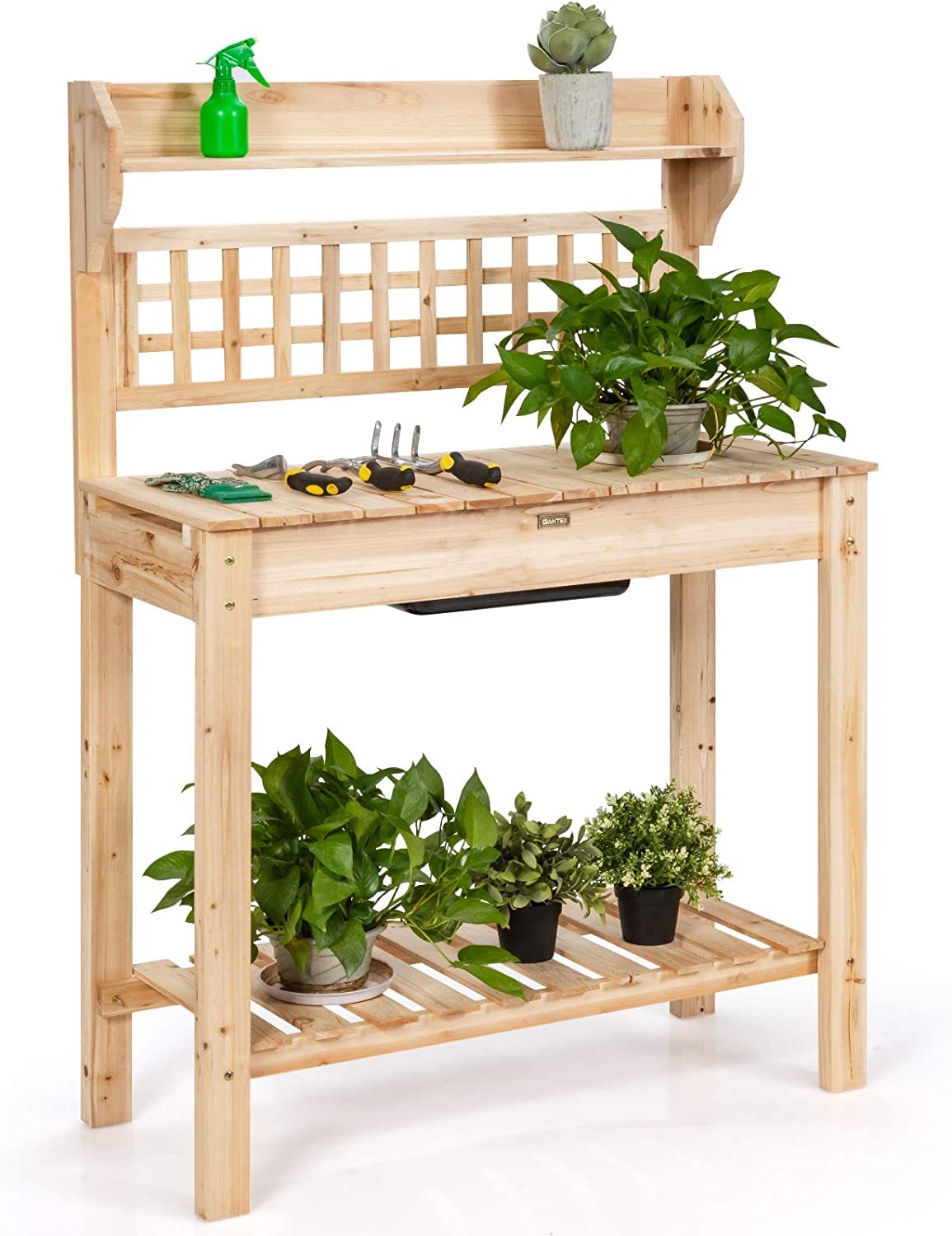 GiantexUK Wooden Potting Table, Garden Planting Bench with Open Shelves and Extendable Tabletop